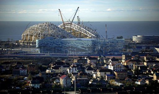 The Iceberg skating palace and Fisht Olympic stadium construction site in Sochi, on December 9, 2012